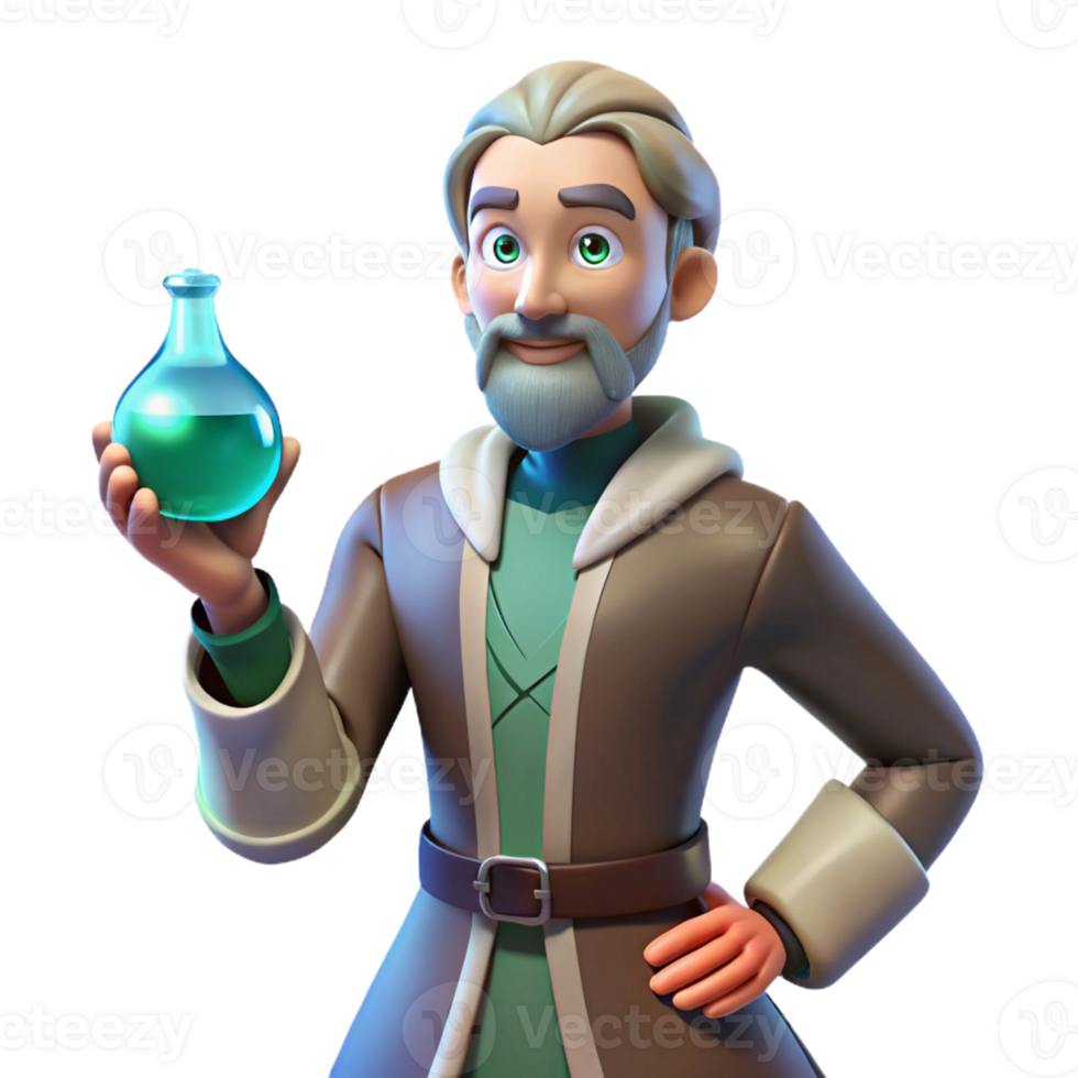 magnificent minimalist 3D Cartoon Alchemist with Potion 4K png