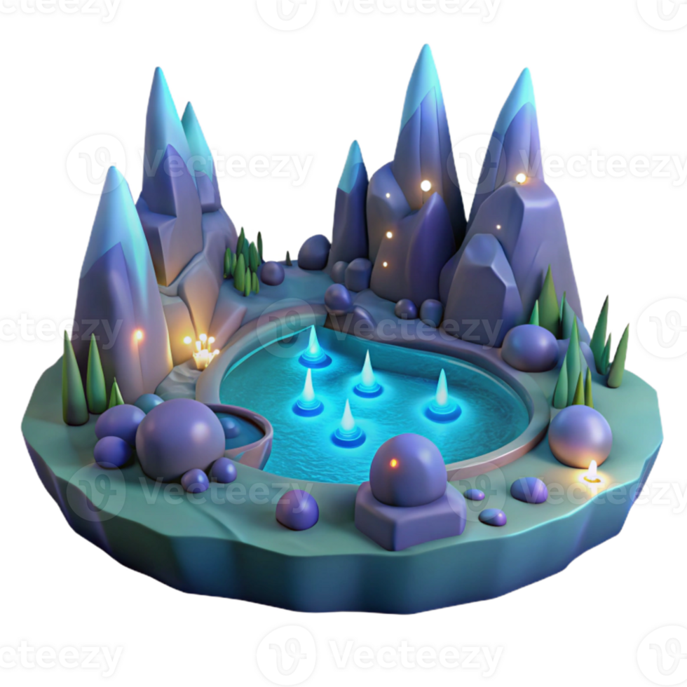 dramatic vintage Enchanted 3D Island Scene Glowing Pond and Mystical Mountains detailed png