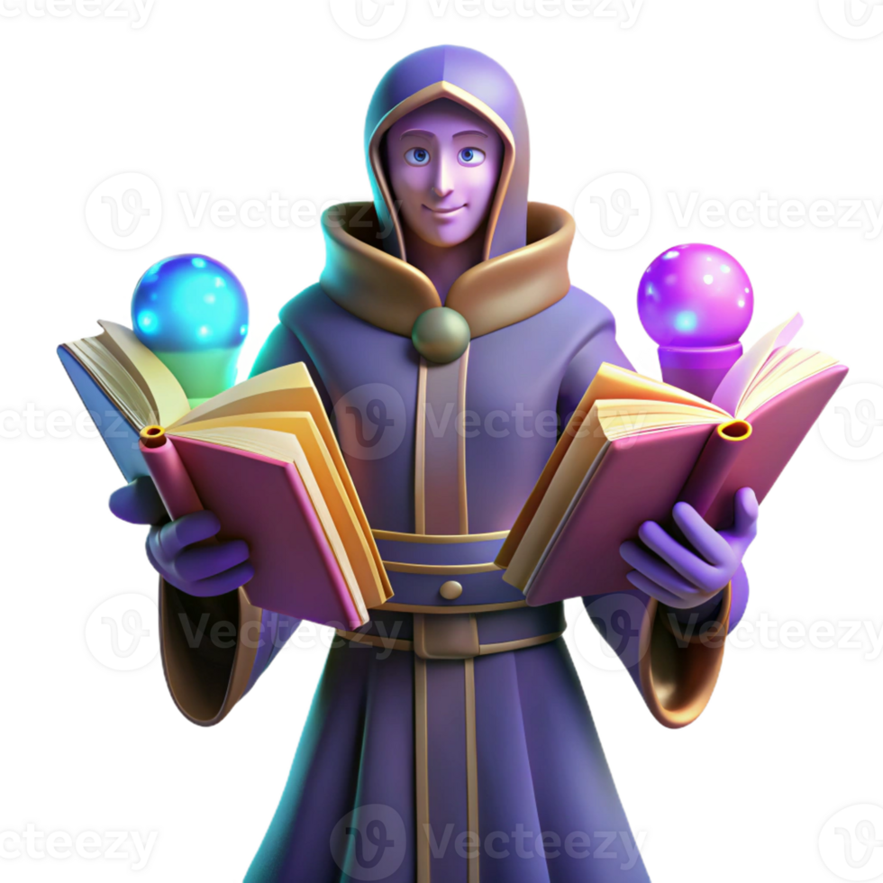 serene creative Wizard Reading Magical Books 3D Illustration 4K png