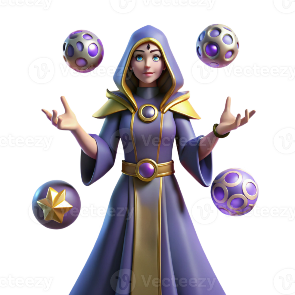 impressive rustic 3D Render Mystic Female Wizard Juggling Magic Orbs original png
