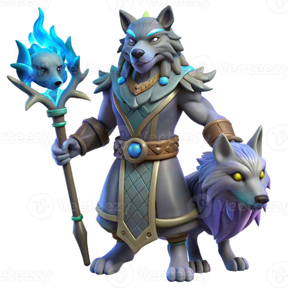 dramatic abstract 3D Render Wolf Shaman with Familiar exclusive png