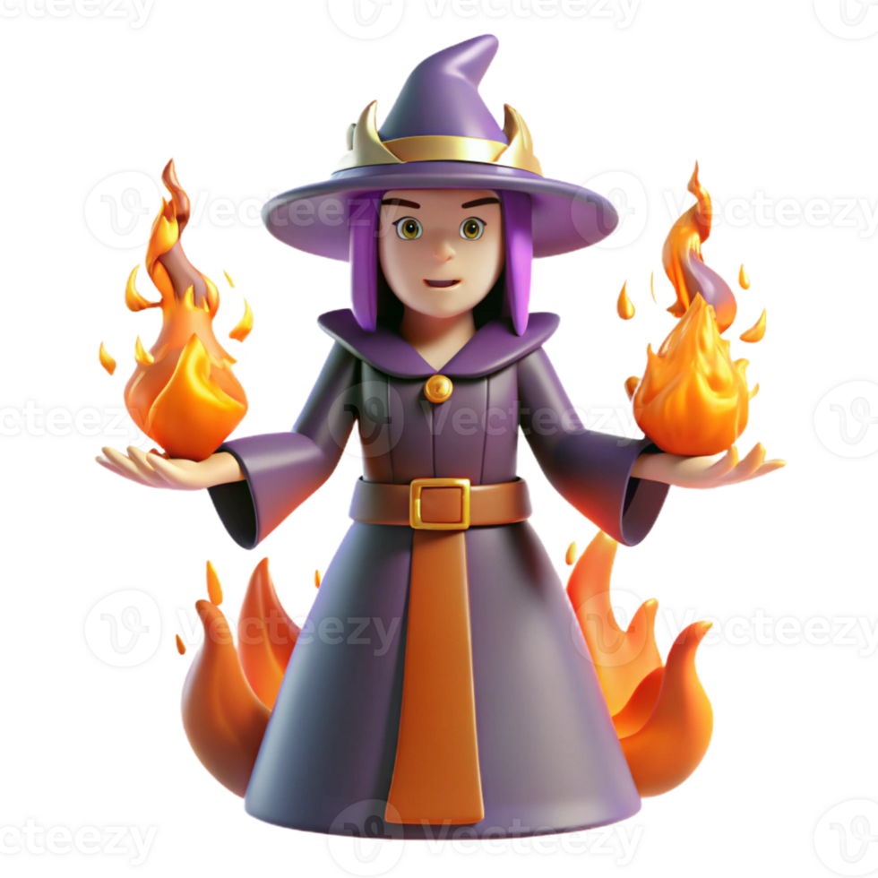 elegant creative 3D Render of Cute Witch with Flames authentic png