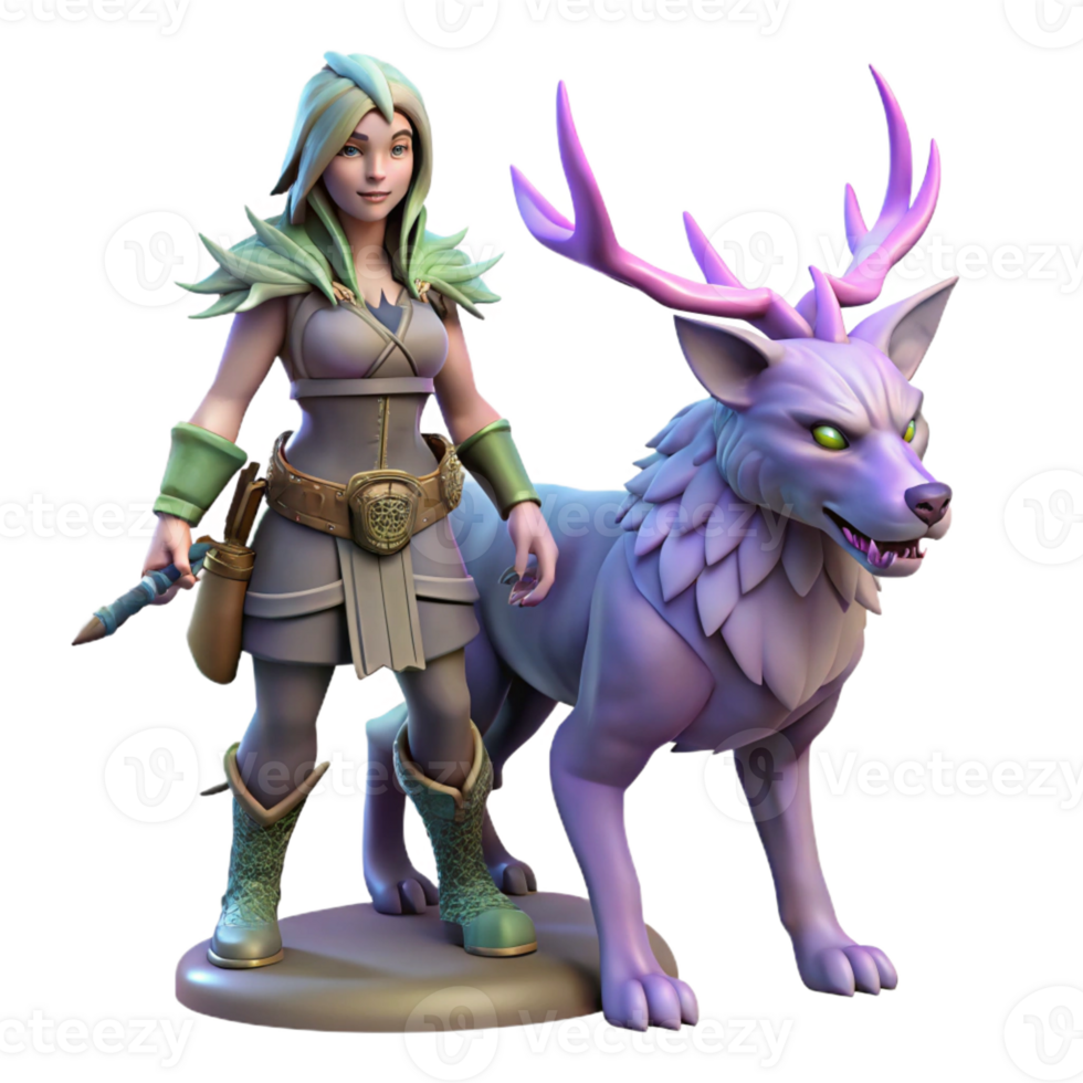 extraordinary classic Fantasy 3D Render Female Ranger and Antlered Wolf original png
