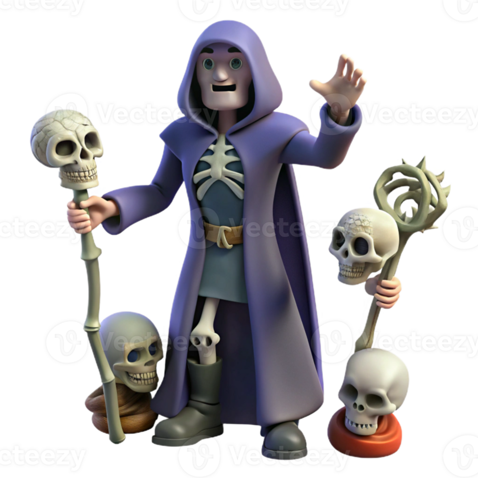magnificent artistic 3D Cartoon Skeleton Wizard with Skulls authentic png