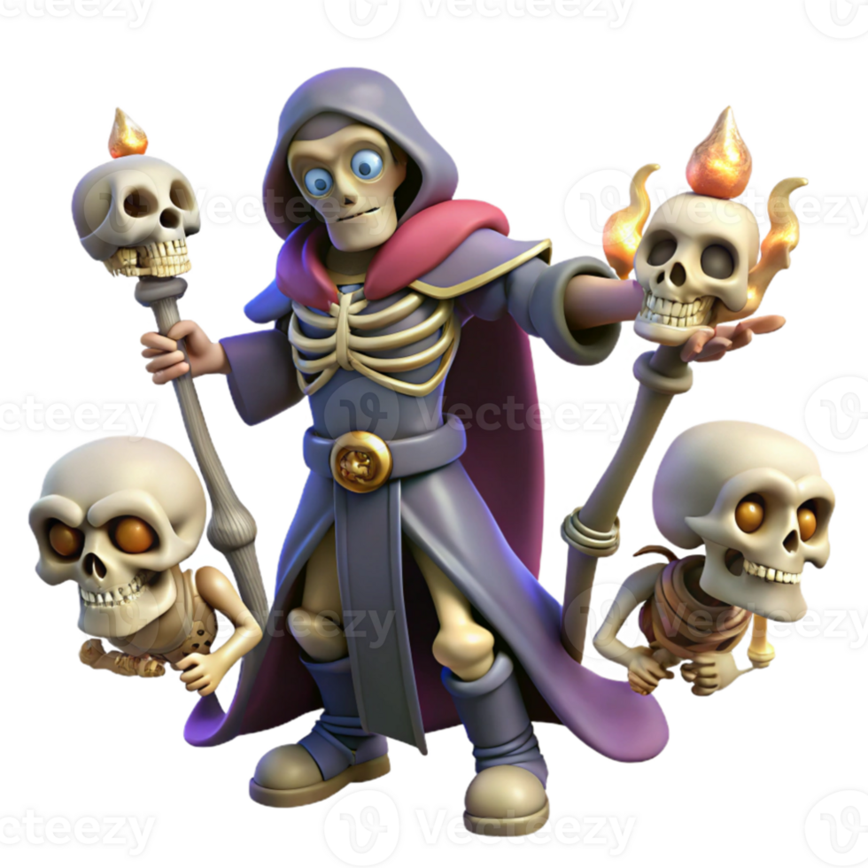 serene artistic 3D Illustration of a Skeletal Sorcerer with Flaming Skull Staffs professional png