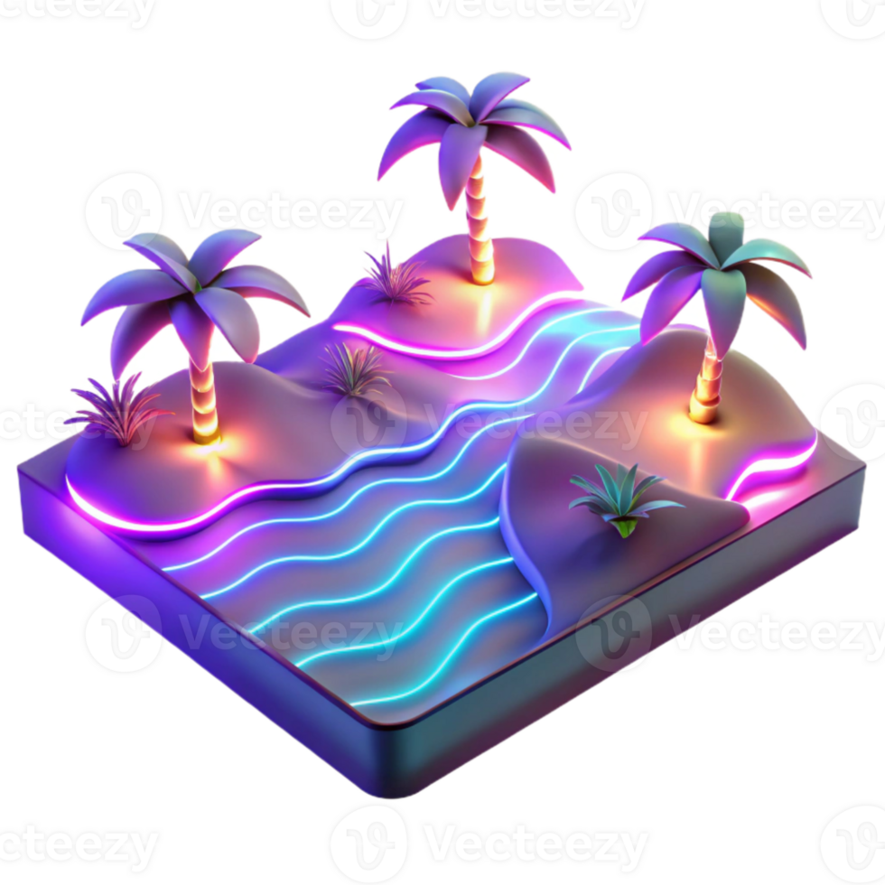 impressive vintage Neon Oasis 3D Render of Tropical Island professional png