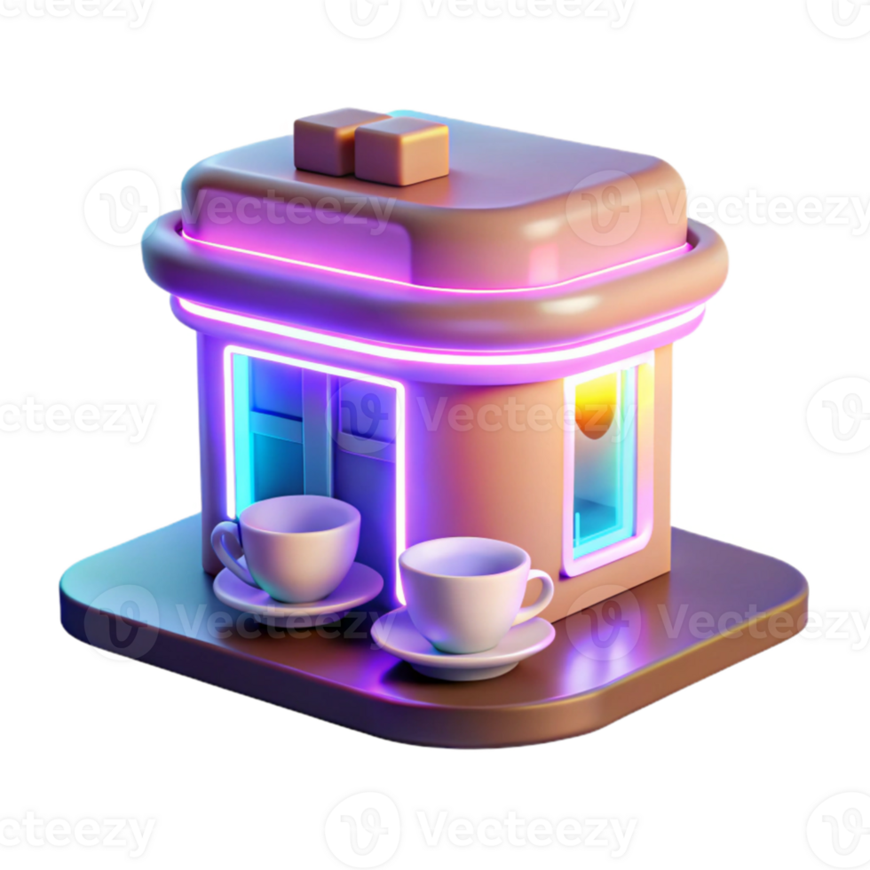 extraordinary contemporary Neon Coffee Shop 3D Render detailed png