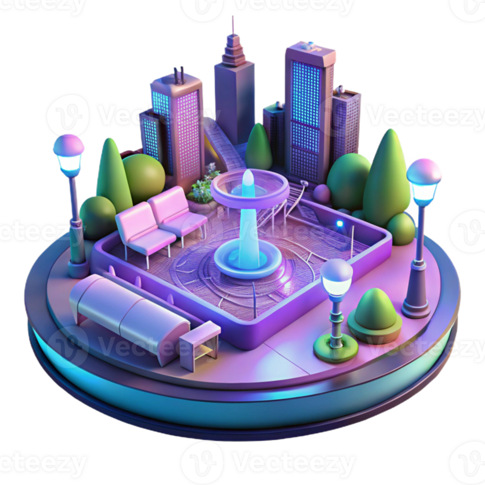 wonderful abstract Night City Park Fountain 3D Render high resolution png