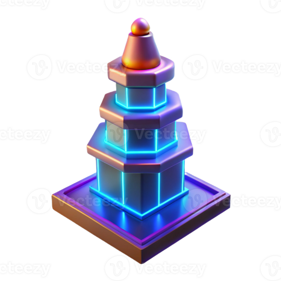 extraordinary vintage Neon Hexagon Tower 3D Render high quality png