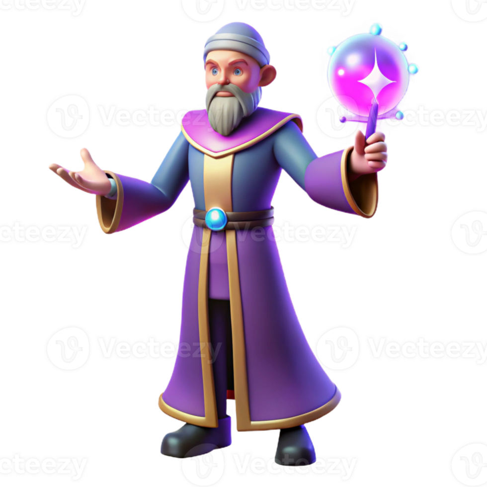 elegant vintage 3D Cartoon Wizard with Magic Wand Illustration professional png