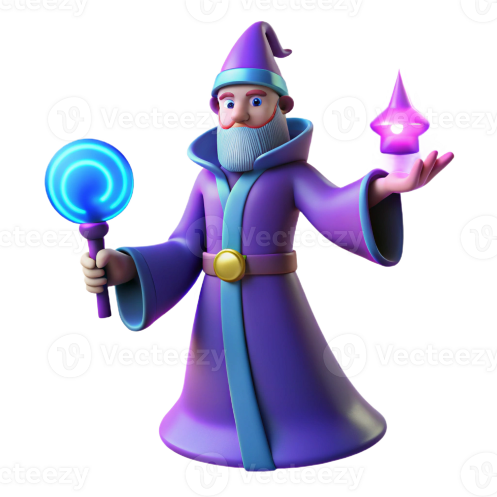 magnificent minimalist 3D Cartoon Wizard with Magic Wand and Orb exclusive png