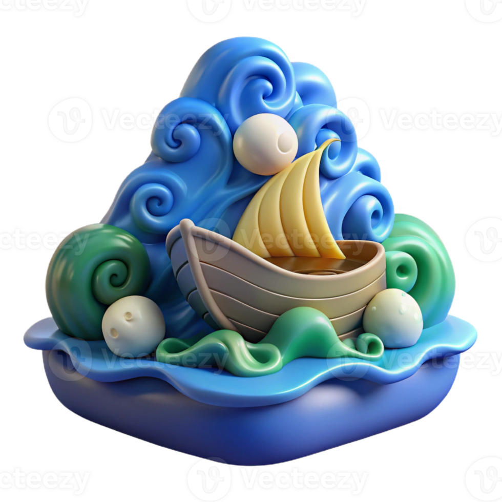 vibrant vintage Whimsical 3D Boat in Stylized Waves Illustration premium png