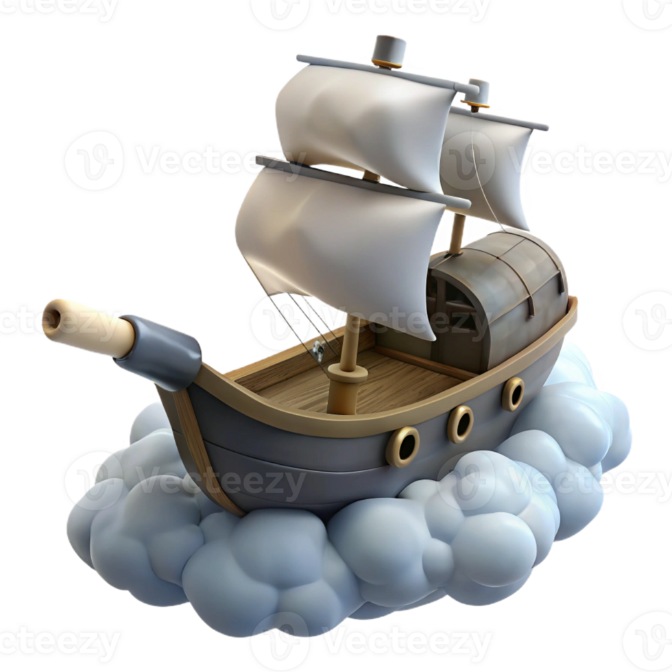 extraordinary creative 3D Cartoon Ship Sailing on Clouds Illustration authentic png