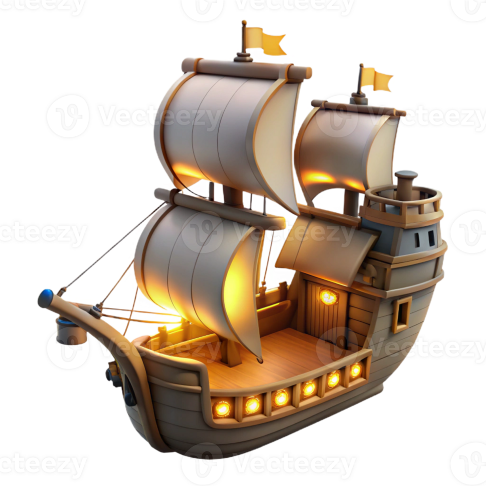 vibrant vintage Cartoon Galleon 3D Render high resolution png