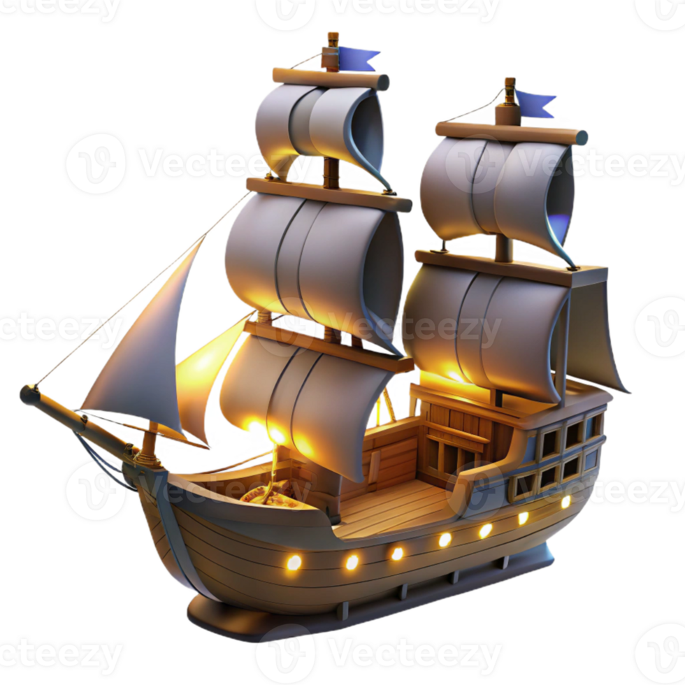 serene contemporary Luminous Wooden Sailing Ship 3D Render authentic png