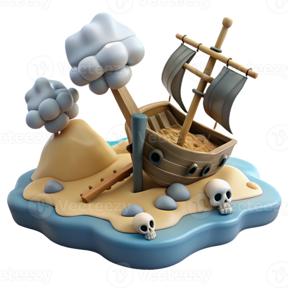 impressive minimalist 3D Cartoon Shipwreck Island Illustration high resolution png