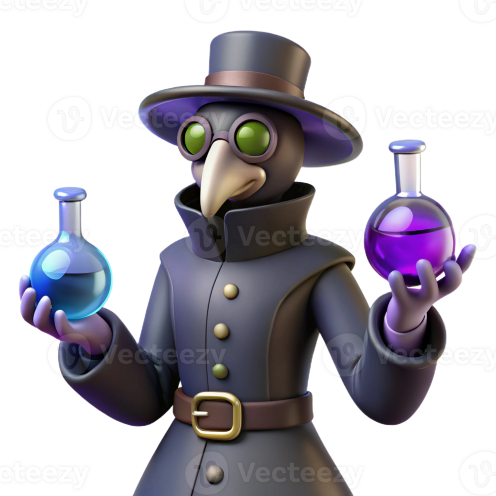 vibrant traditional 3D Cartoon Plague Doctor with Potions 4K png
