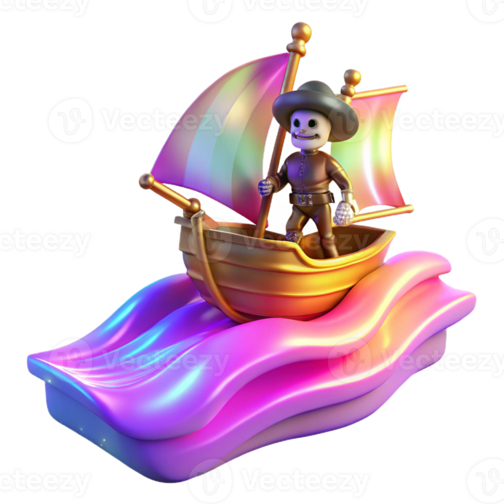 elegant minimalist 3D Render Skeleton Sailor on Rainbow Sailboat original png