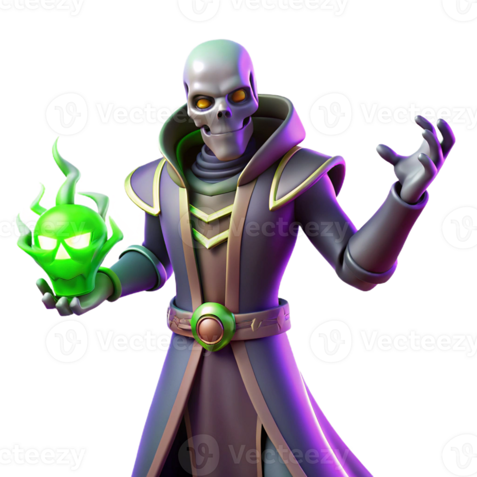 vibrant traditional 3D Render Dark Wizard with Skull and Flames professional png
