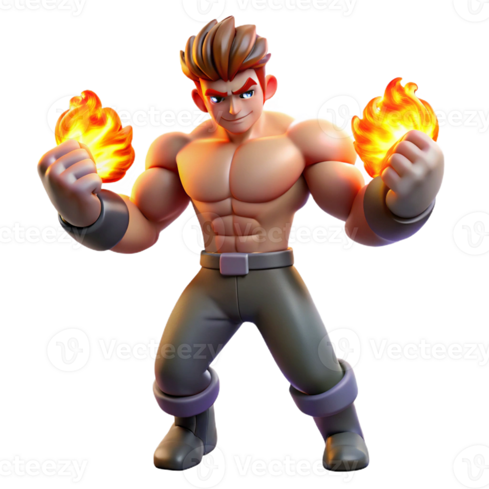 stunning modern Muscular 3D Cartoon Character with Fire genuine png