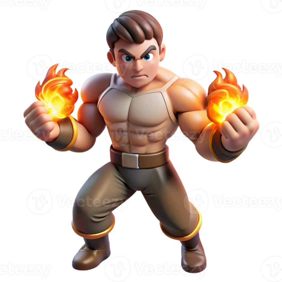 stunning minimalist Muscular 3D Cartoon Hero with Fire exclusive png