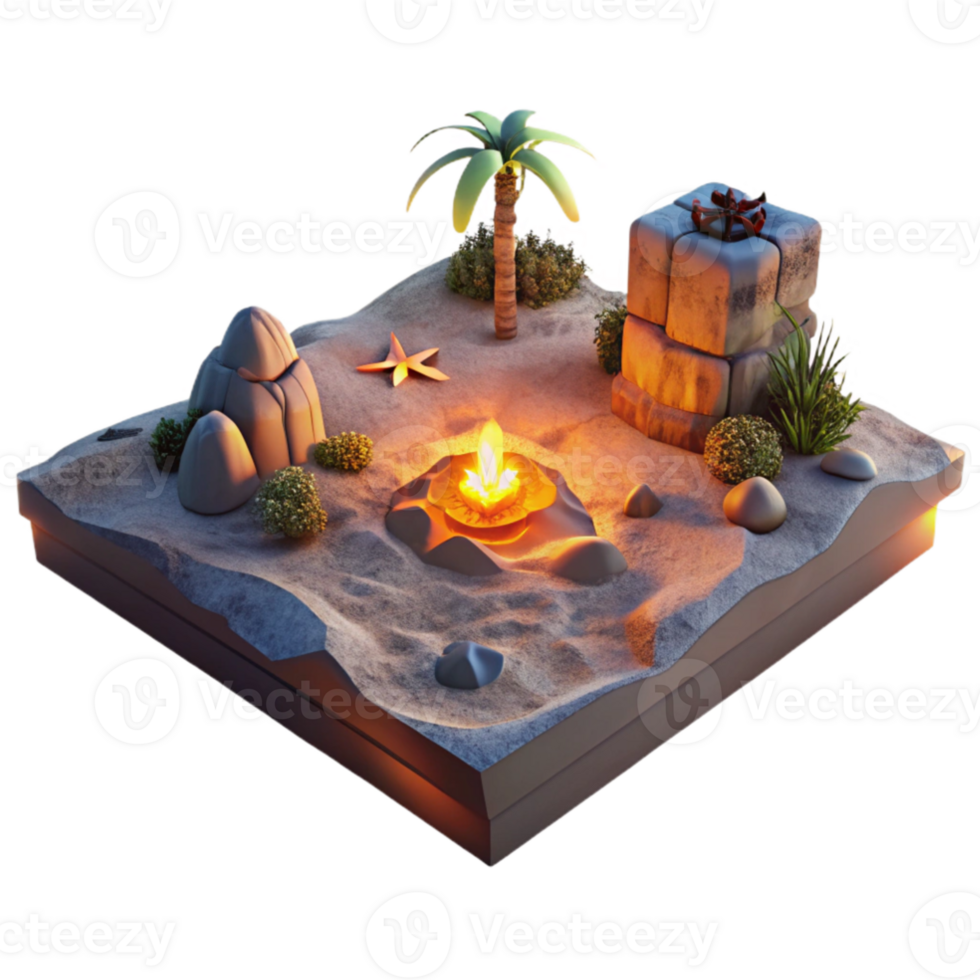 serene abstract Island Night Fire 3D Render authentic png