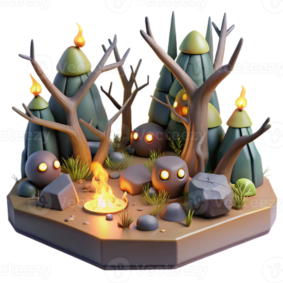 wonderful vintage 3D Stylized Forest Campfire Scene genuine png