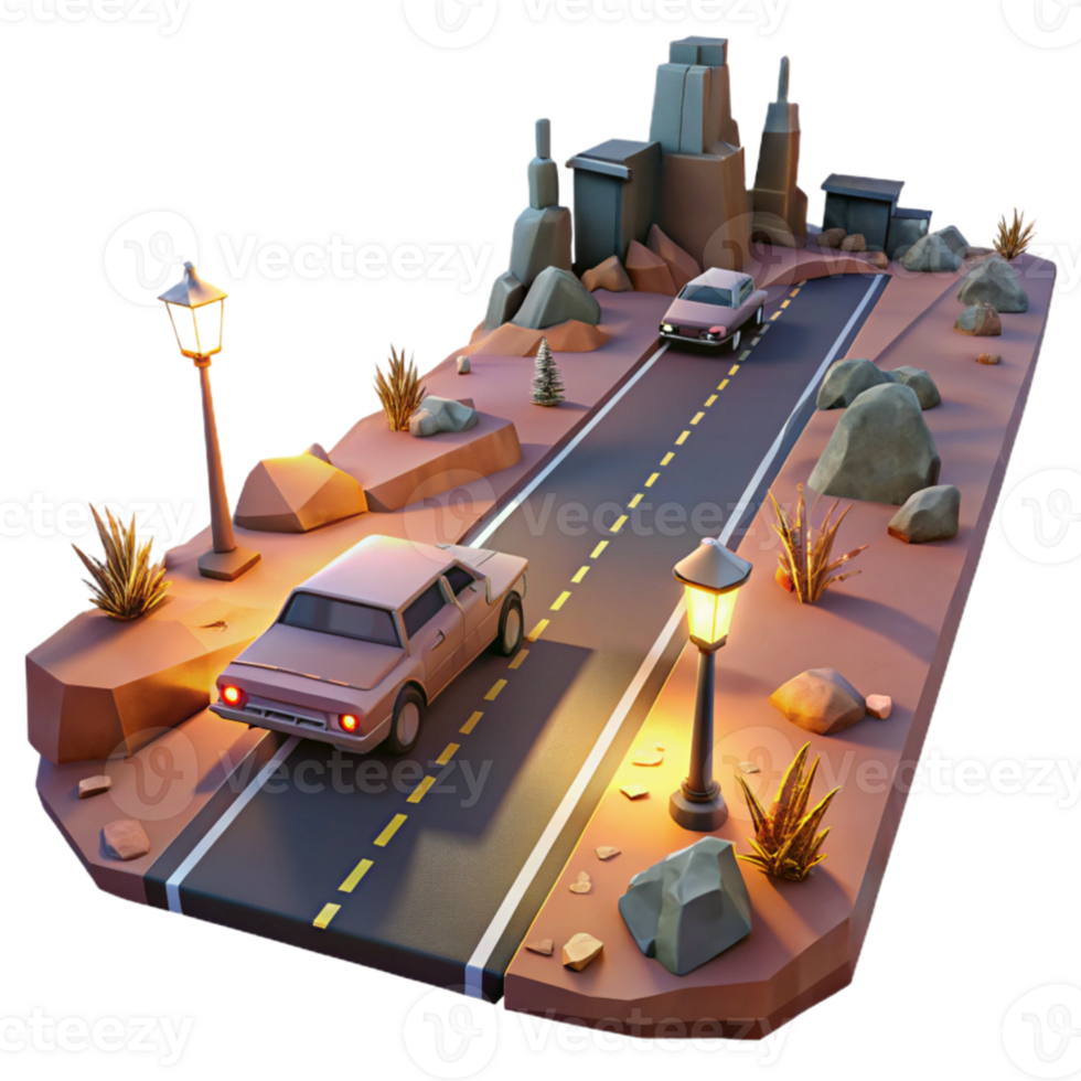 impressive minimalist Low Poly Desert Road 3D Render exclusive png