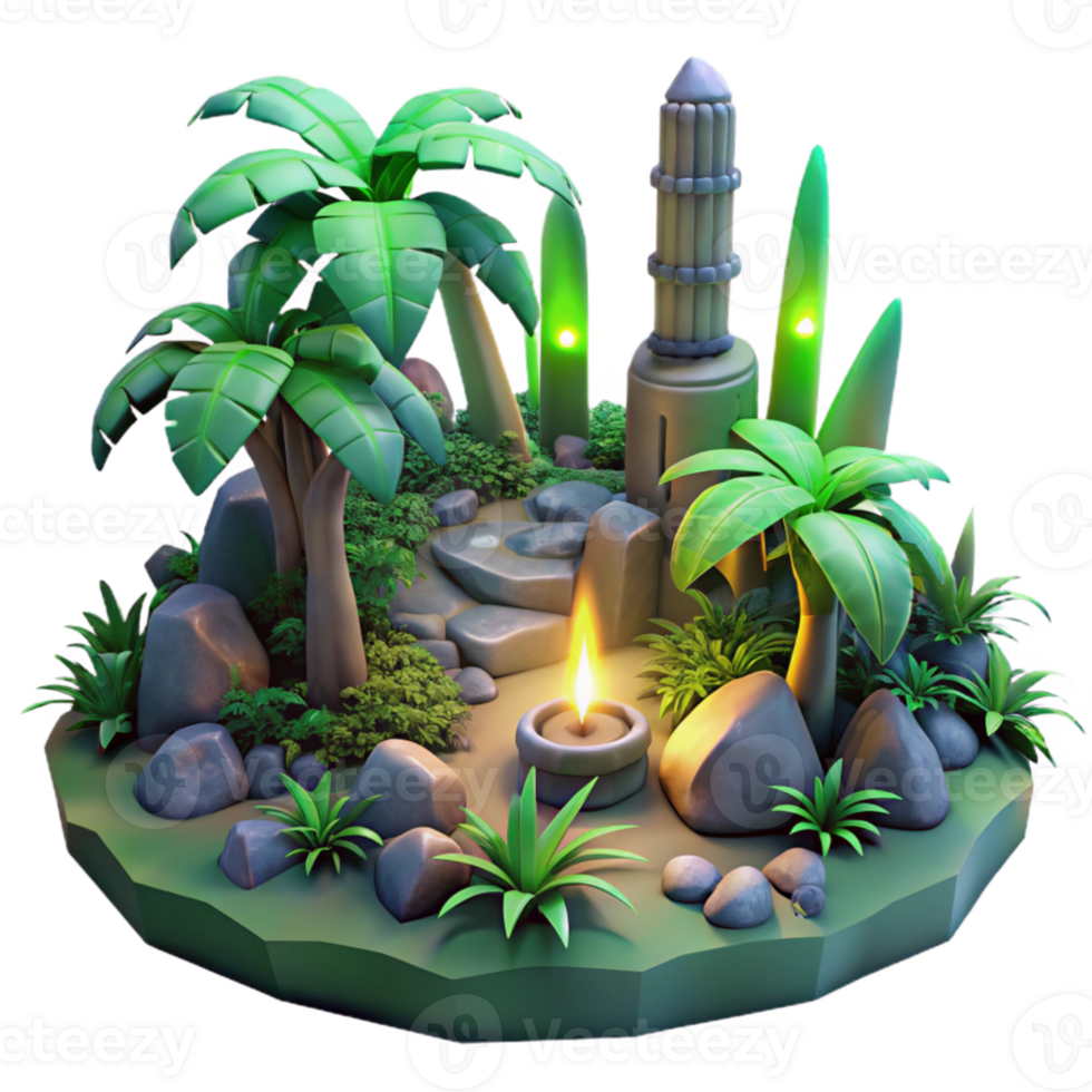 serene abstract Tropical Island 3D Render Palm Trees, Ancient Ruins, Candlelight high quality png