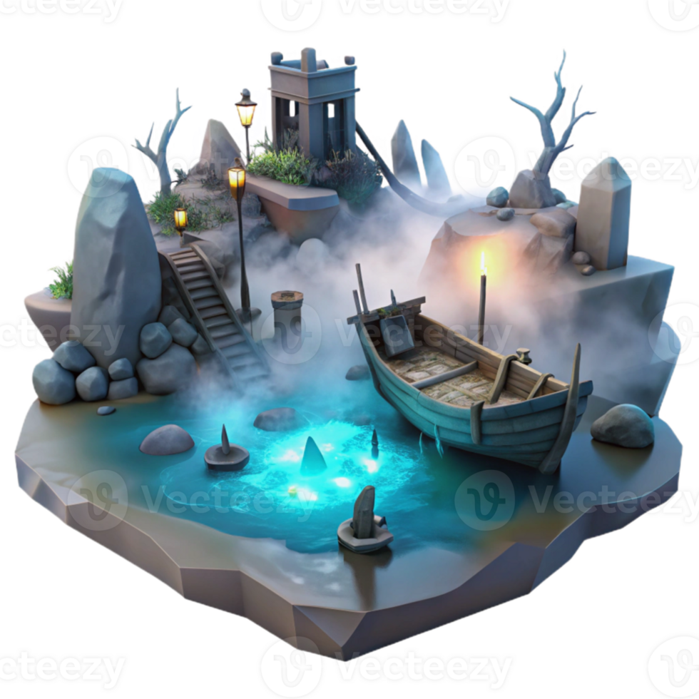 dramatic contemporary Mystic Island 3D Render Boat, Ruins, Glowing Water premium png