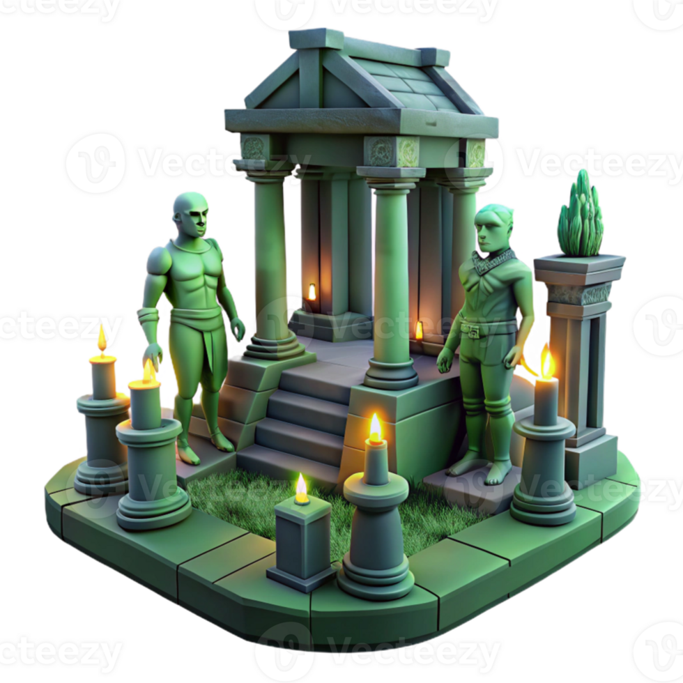 serene rustic 3D Stylized Temple Scene with Figures high quality png