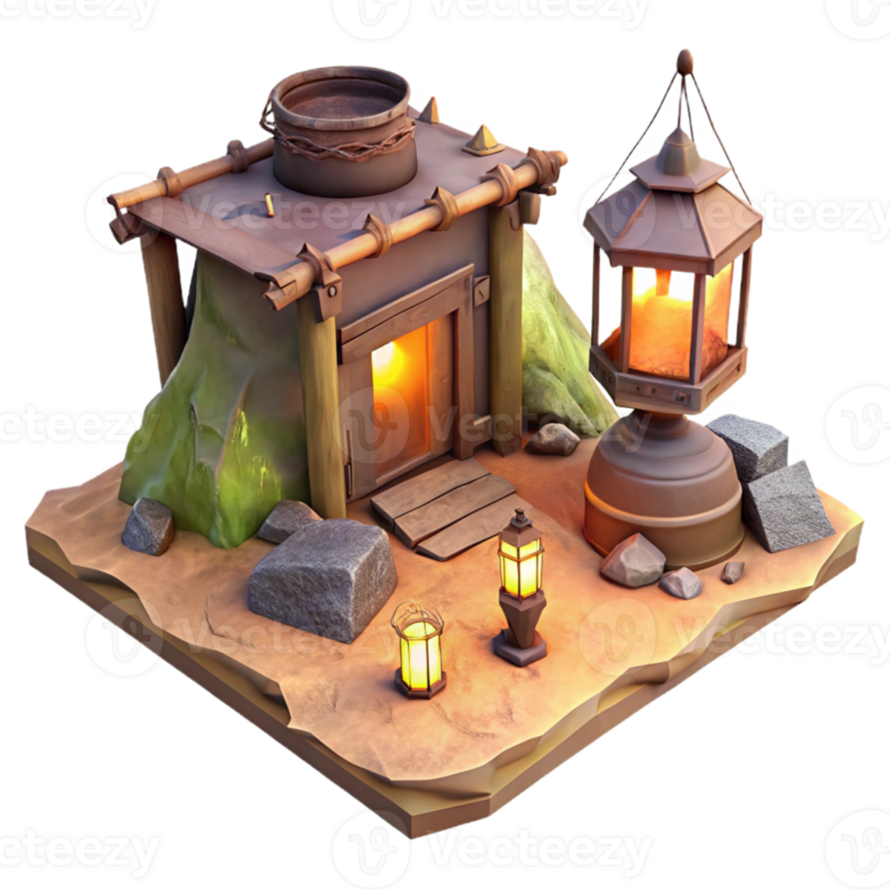lindo artístico 3d render deserto cabana com lanternas Alto resolução png