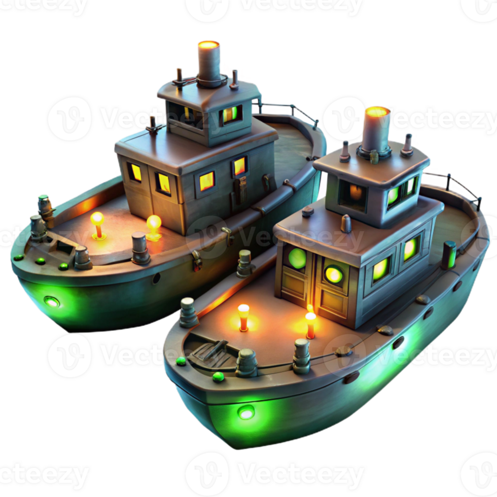 wonderful creative Night Harbor Tugboats 3D Illustration genuine png