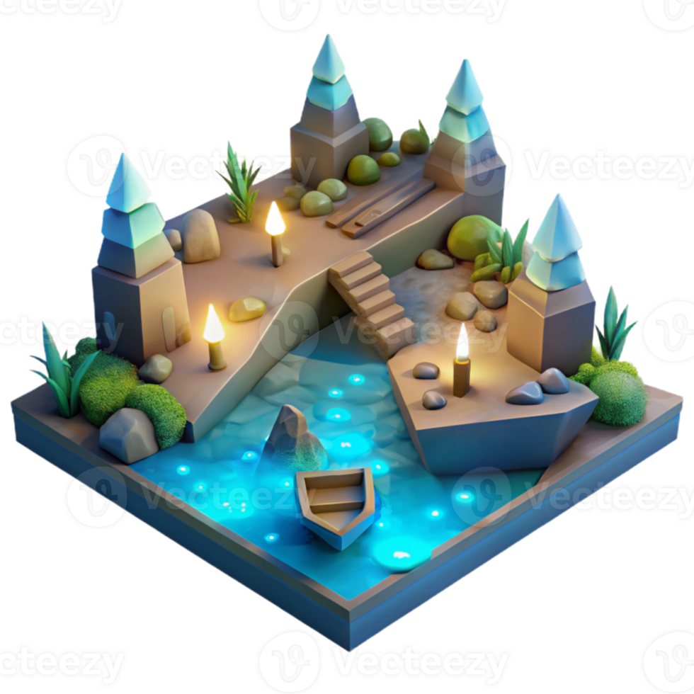 magnificent vintage 3D Low poly Isometric River Landscape authentic png