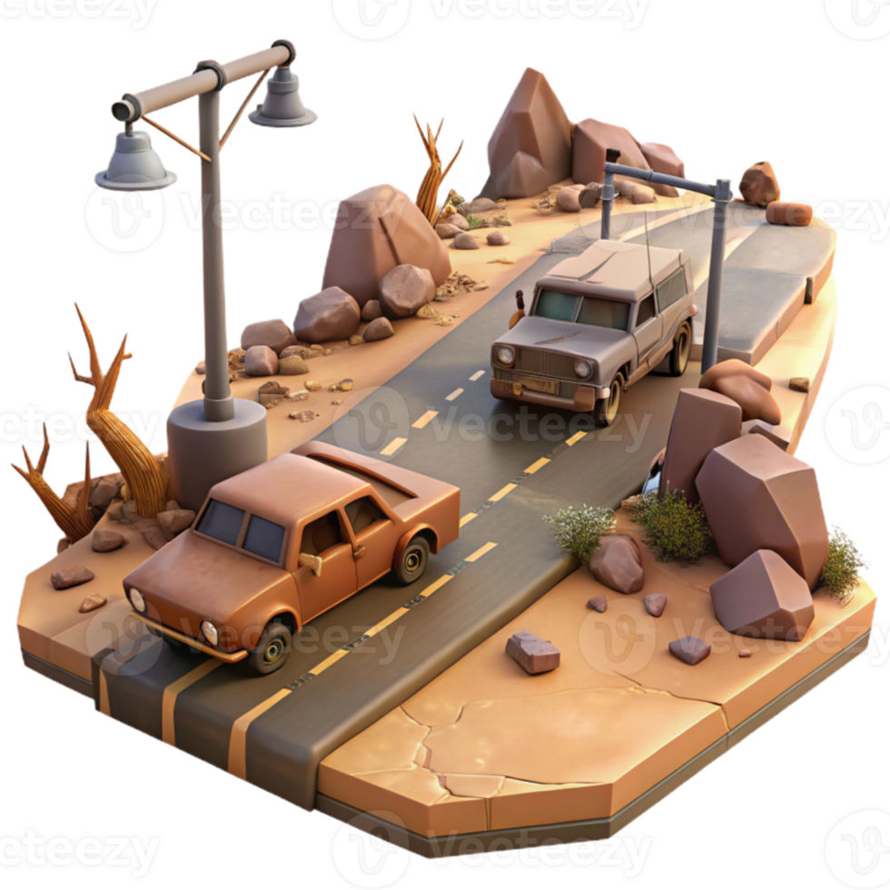 stunning contemporary Desert Road 3D Illustration Cars on a Journey 4K png