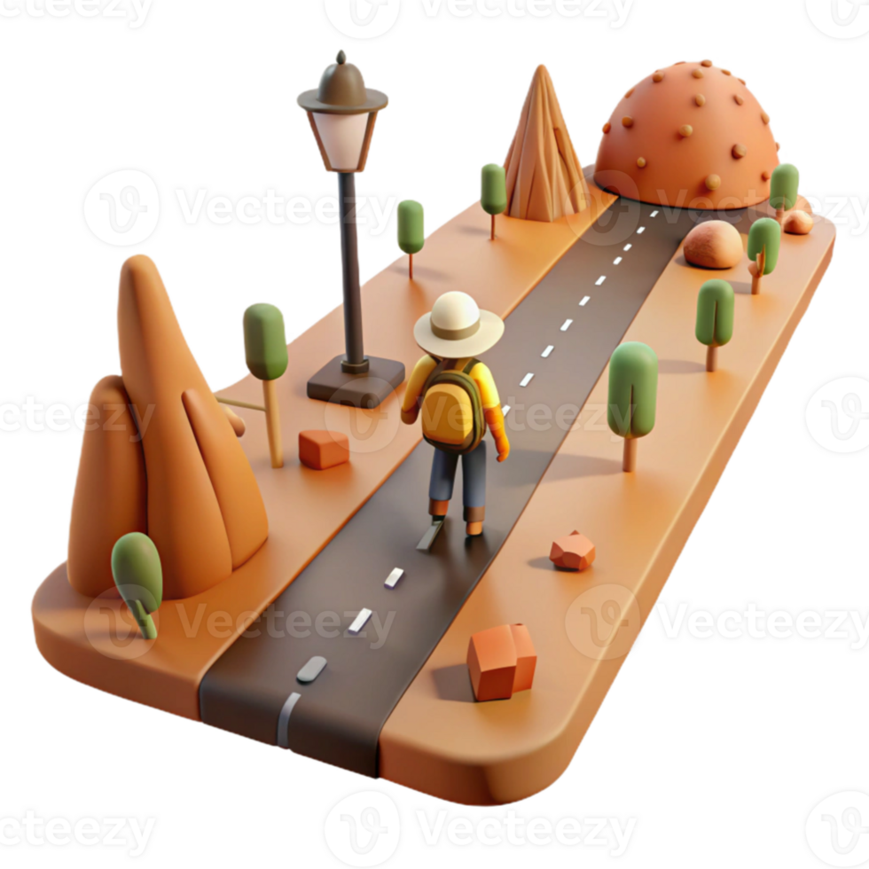 serene contemporary 3D Cartoon Traveler on Road Illustration high resolution png