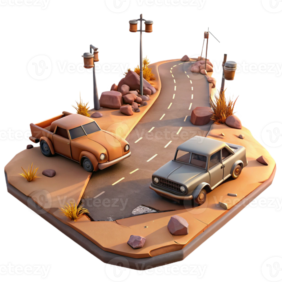 elegant modern Desert Road 3D Illustration Classic Cars on a Winding Path 4K png