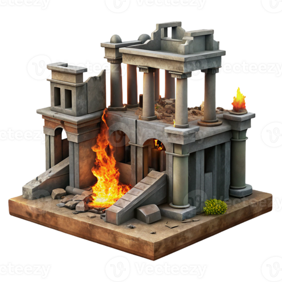 elegant creative Burning Ruins 3D Model Ancient Temple Fire high resolution png