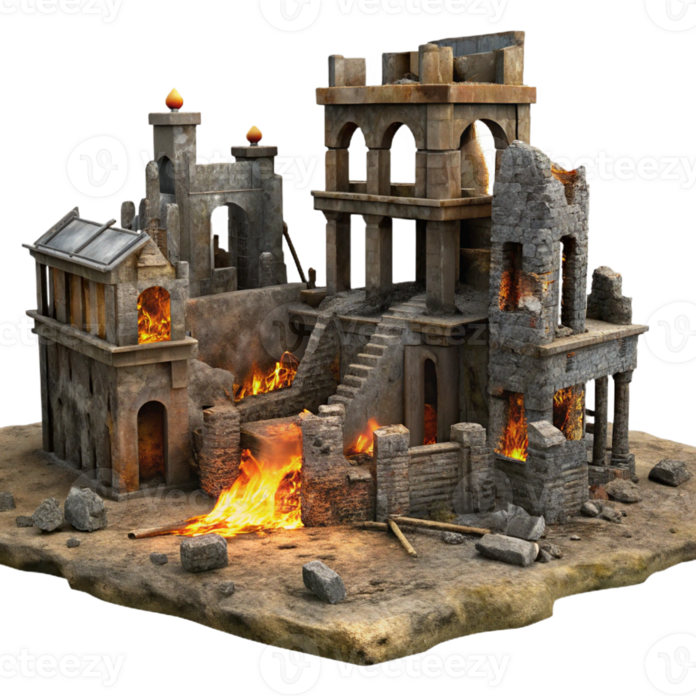 impressive contemporary Burning Ruins 3D Model high quality png