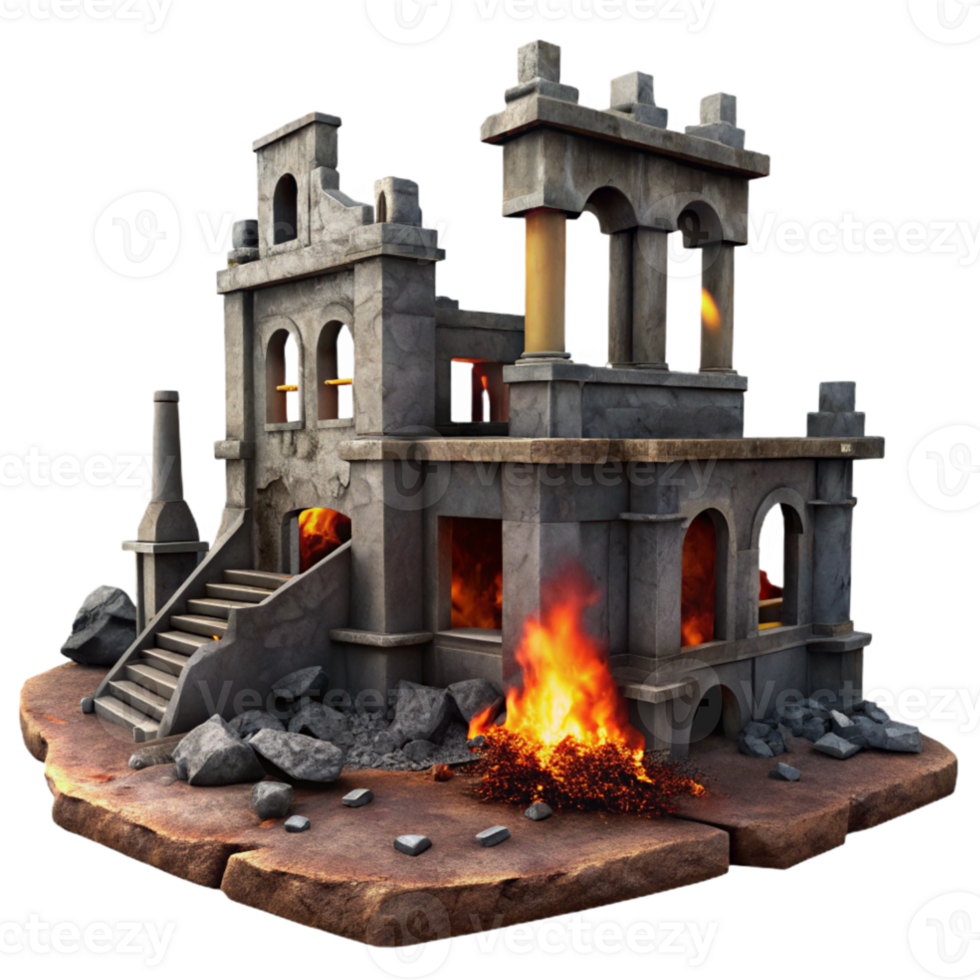 dramatic minimalist Burning Ruins 3D Model authentic png