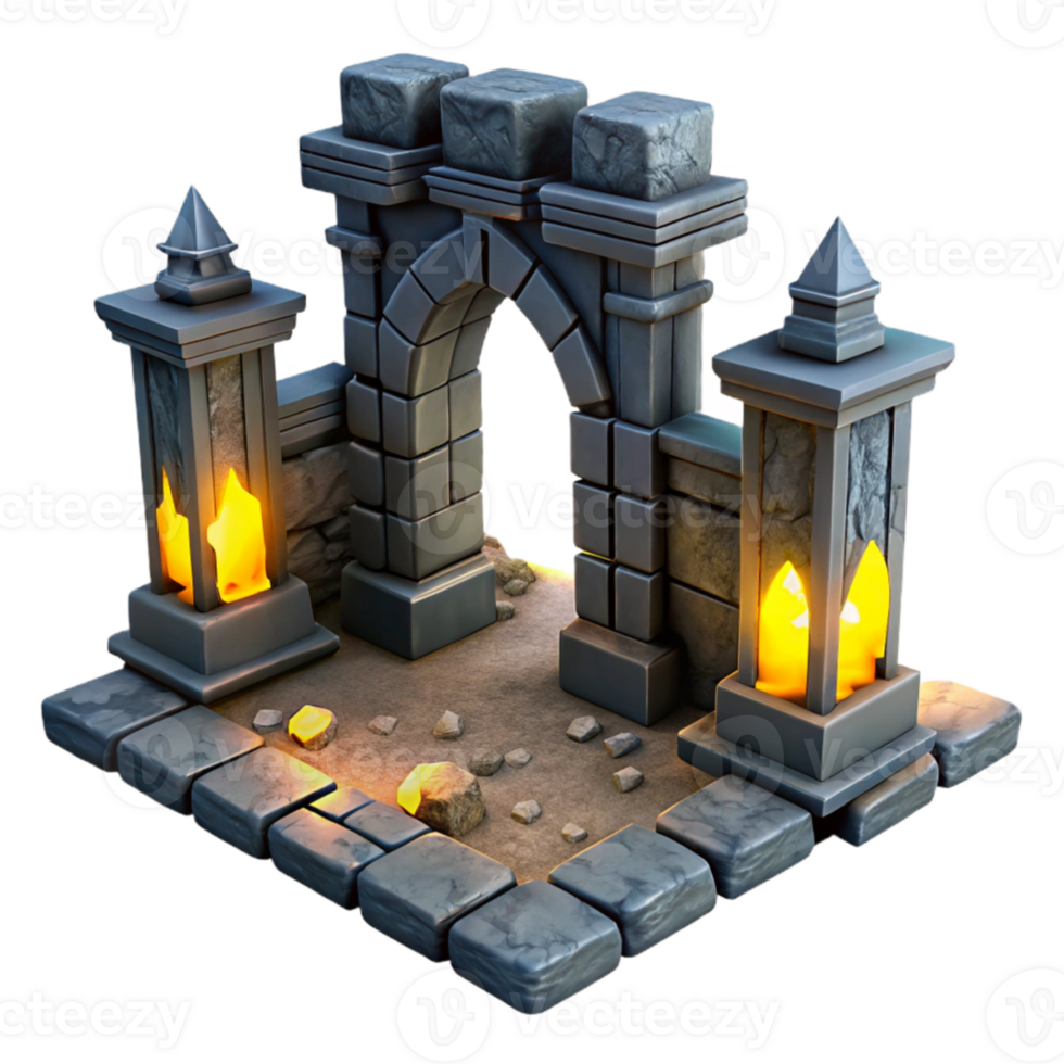 serene minimalist Stone Archway 3D Model Game Asset with Lanterns exclusive png