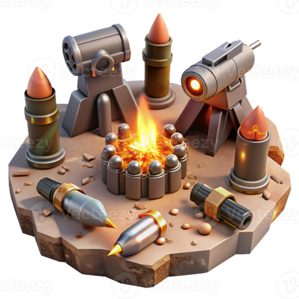 elegant vintage Campfire with Military Weapons 3D Illustration genuine png