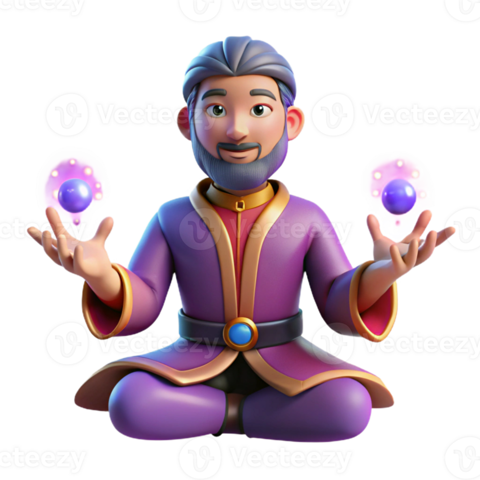 dramatic modern 3D Illustration Wizard Meditating with Magic high resolution png