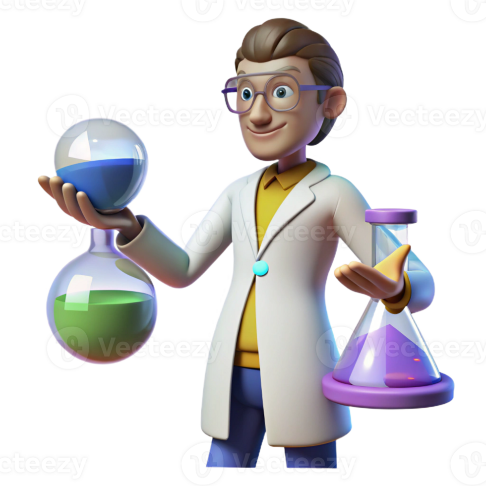 elegant rustic 3D Cartoon Scientist with Lab Flasks high quality png