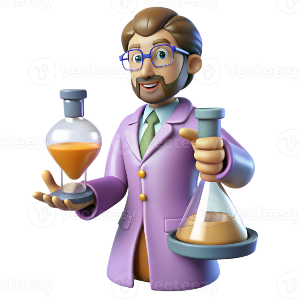 extraordinary minimalist 3D Cartoon Scientist with Lab Flasks professional png