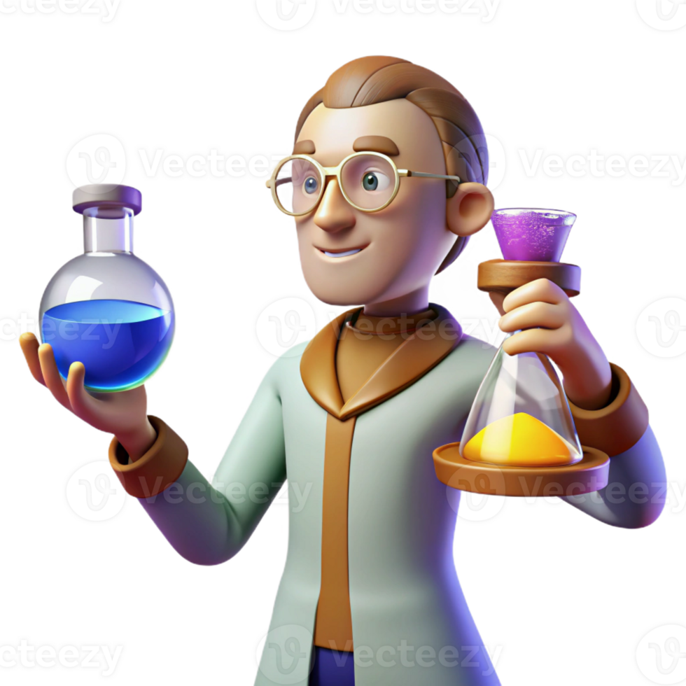 beautiful vintage 3D Cartoon Scientist with Flask and Hourglass exclusive png