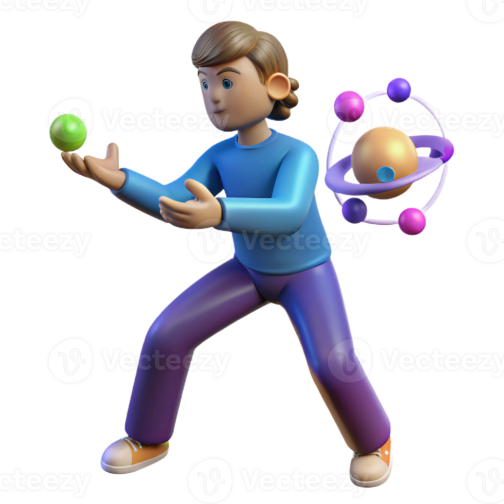 dramatic traditional 3D Cartoon Boy Studying Atom exclusive png
