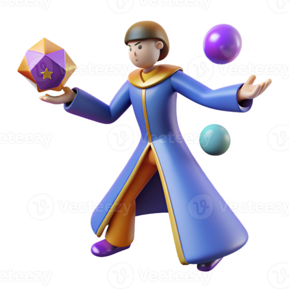 dramatic minimalist 3D Cartoon Wizard Juggling Crystals authentic png