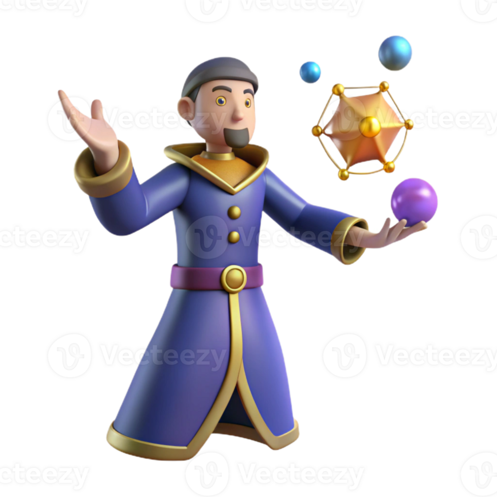 magnificent traditional 3D Cartoon Wizard Juggling Magical Spheres 4K png