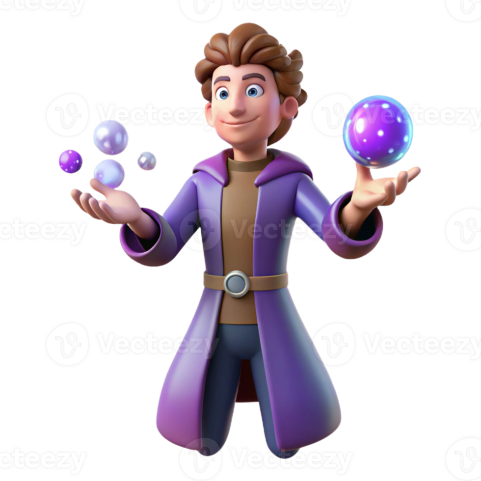 dramatic artistic 3D Render Young Wizard Juggling Magic Spheres detailed png